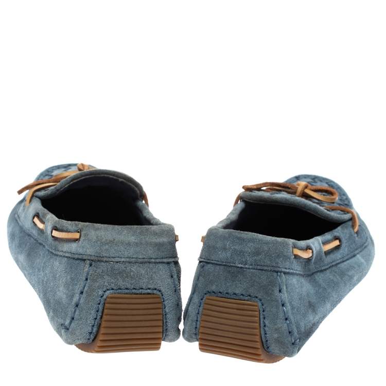 Pre Owned Bottega Veneta Blue Intrecciato Suede And Brown Leather Trim Bow Loafers Size 38