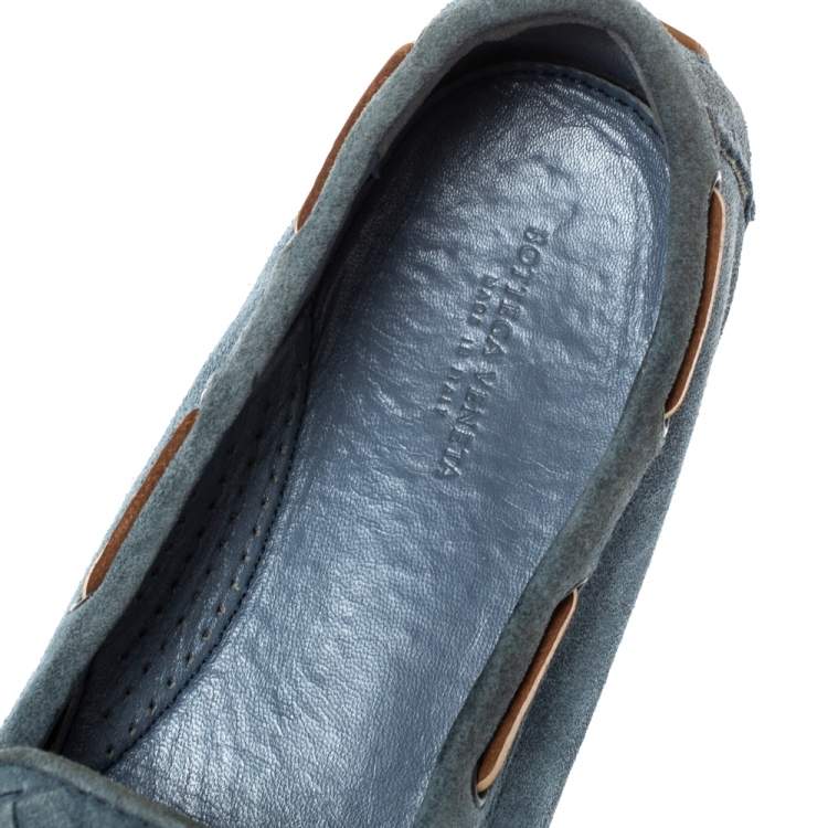 Pre Owned Bottega Veneta Blue Intrecciato Suede And Brown Leather Trim Bow Loafers Size 38