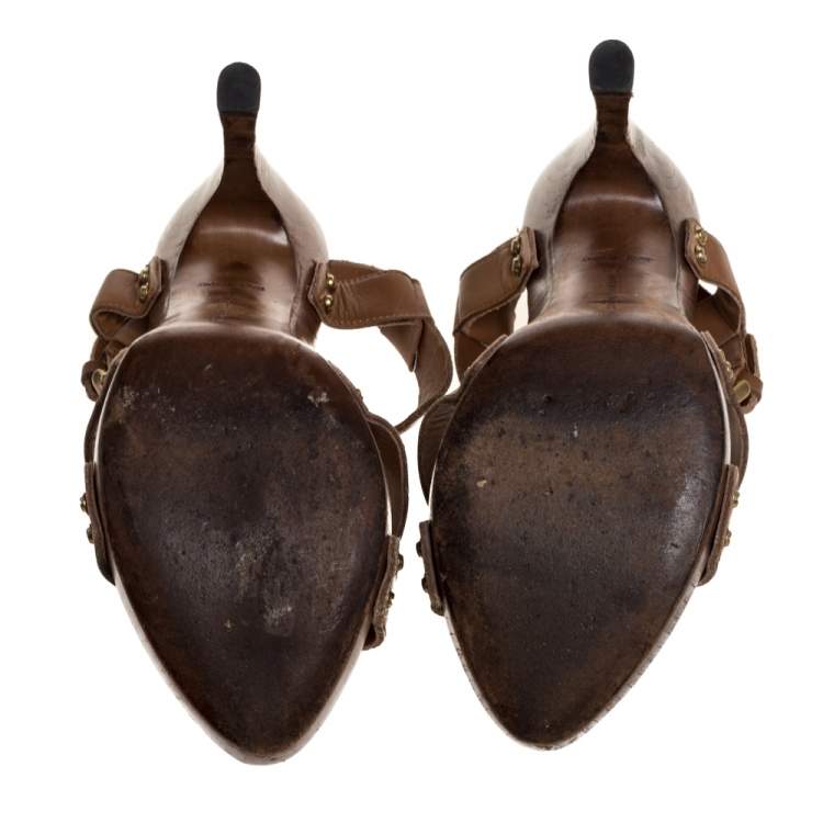 Pre Owned Bottega Veneta Tan Embossed Leather T Strap Wooden Platform And Heel Sandals Size 37