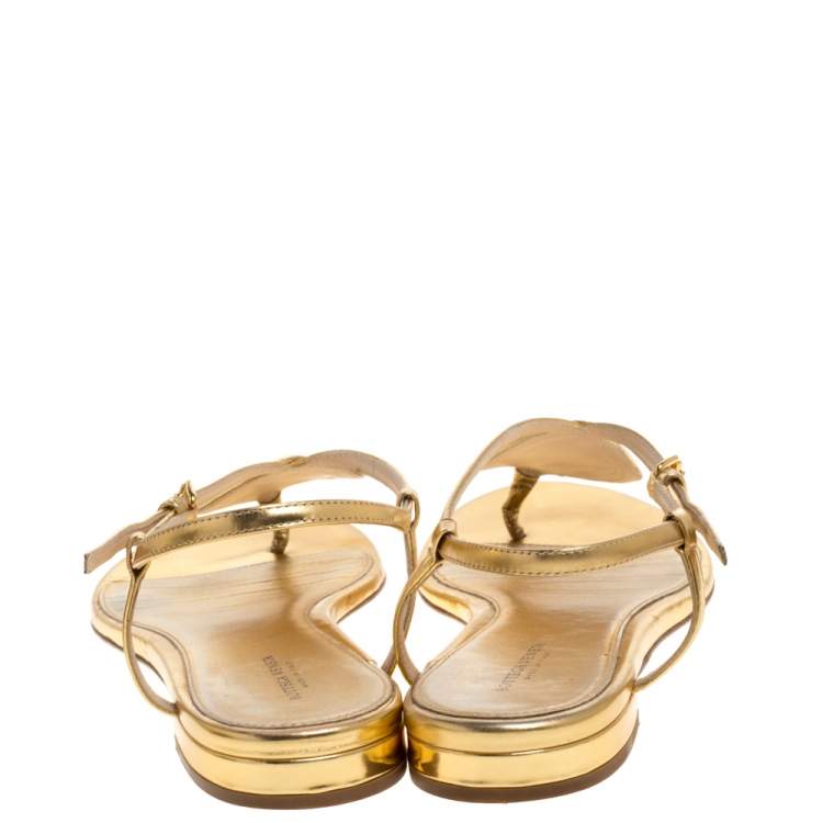 Pre Owned Bottega Veneta Metallic Gold Intrecciato Leather Ankle Strap Flat Sandals Size 39