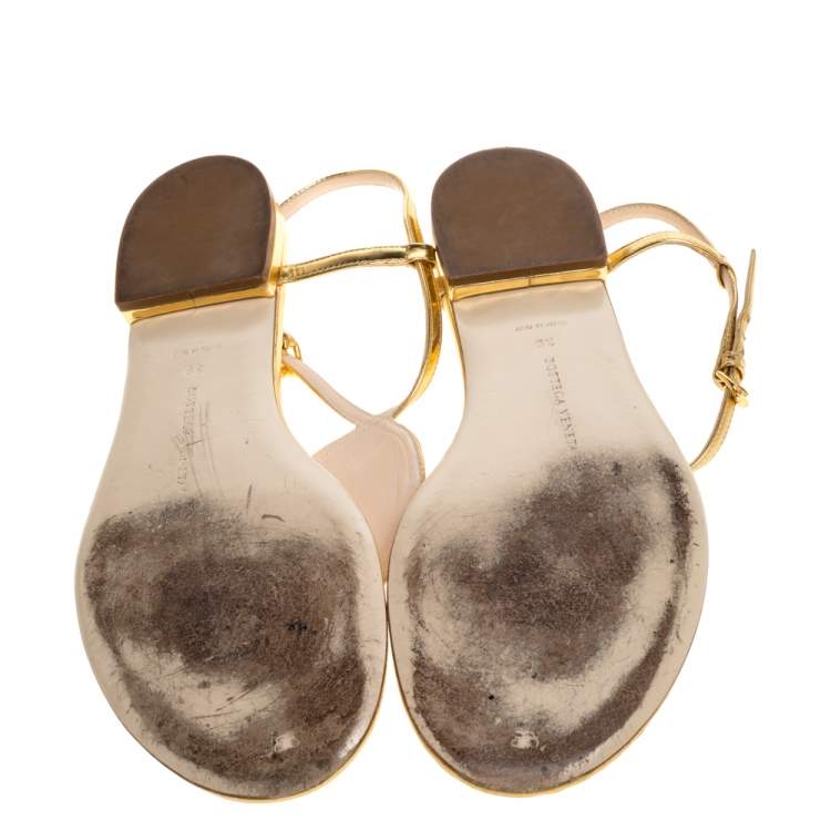 Pre Owned Bottega Veneta Metallic Gold Intrecciato Leather Ankle Strap Flat Sandals Size 39