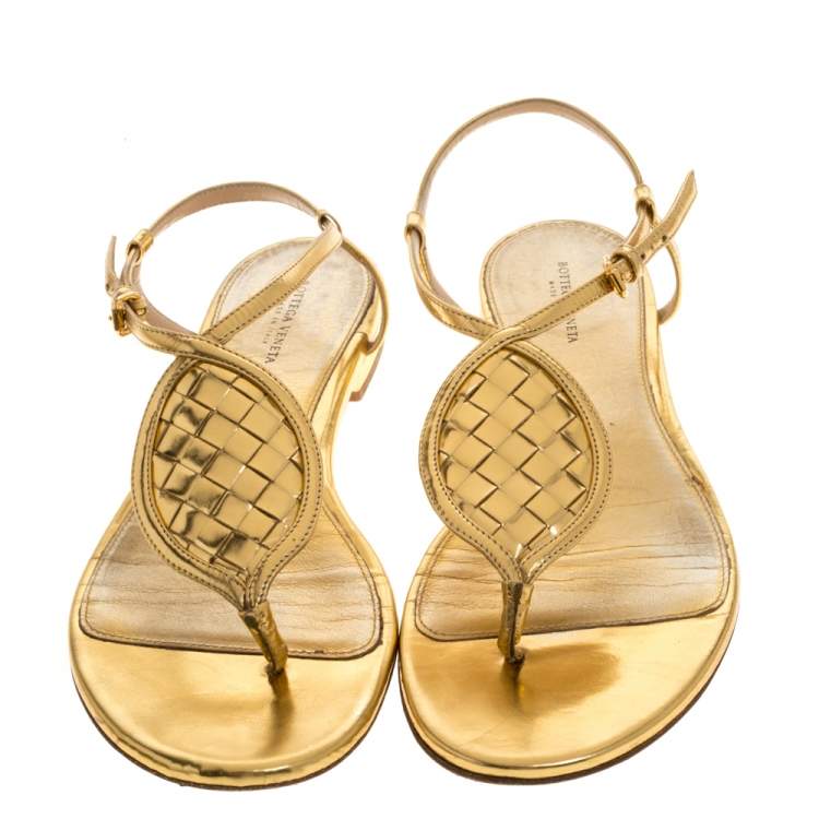 Pre Owned Bottega Veneta Metallic Gold Intrecciato Leather Ankle Strap Flat Sandals Size 39
