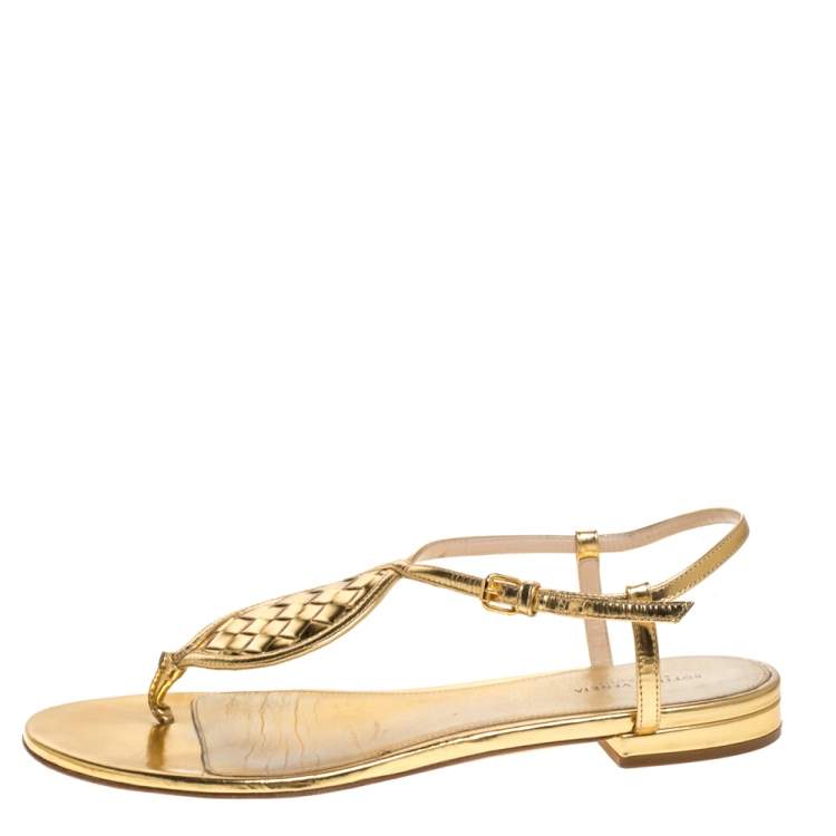 Pre Owned Bottega Veneta Metallic Gold Intrecciato Leather Ankle Strap Flat Sandals Size 39