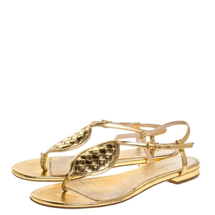 Pre Owned Bottega Veneta Metallic Gold Intrecciato Leather Ankle Strap Flat Sandals Size 39