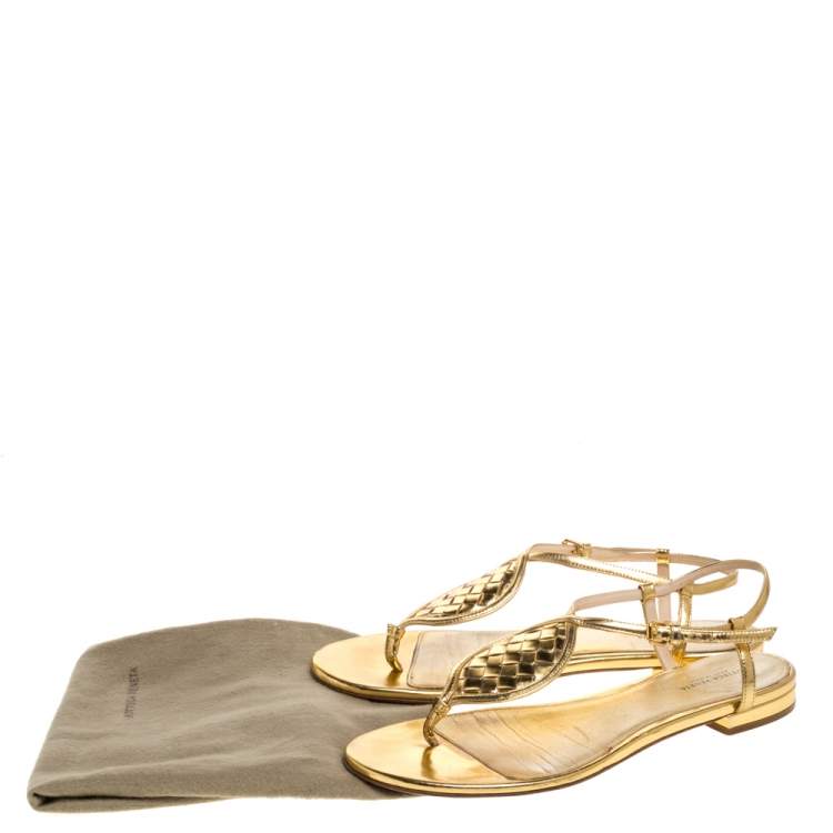 Pre Owned Bottega Veneta Metallic Gold Intrecciato Leather Ankle Strap Flat Sandals Size 39