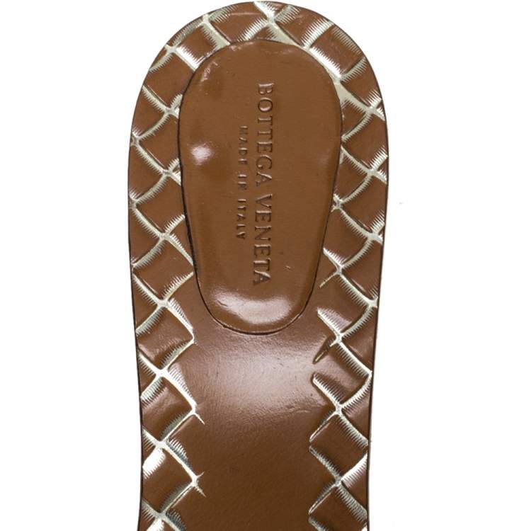 Pre Owned Bottega Veneta Gold Leather Block Heel Slide Sandals Size 39.5