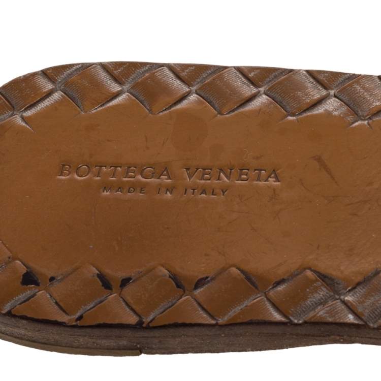 Pre Owned Bottega Veneta Metallic Dark Grey Intrecciato Leather Flat Slides Size 39.5