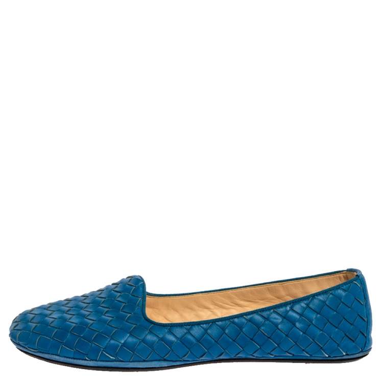 Pre Owned Bottega Veneta Blue Intrecciato Leather Ballet Flats Size 38.5