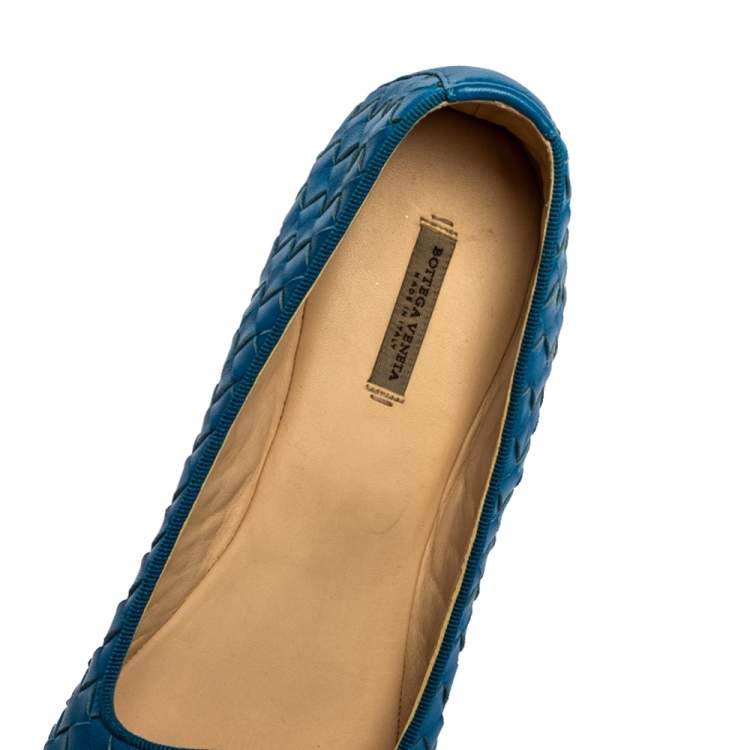 Pre Owned Bottega Veneta Blue Intrecciato Leather Ballet Flats Size 38.5