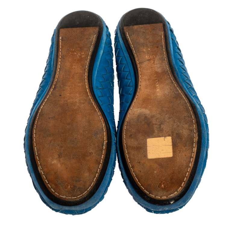 Pre Owned Bottega Veneta Blue Intrecciato Leather Ballet Flats Size 38.5