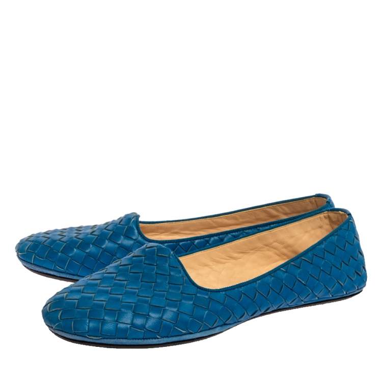 Pre Owned Bottega Veneta Blue Intrecciato Leather Ballet Flats Size 38.5