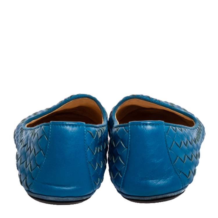 Pre Owned Bottega Veneta Blue Intrecciato Leather Ballet Flats Size 38.5