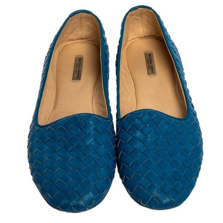 Pre Owned Bottega Veneta Blue Intrecciato Leather Ballet Flats Size 38.5