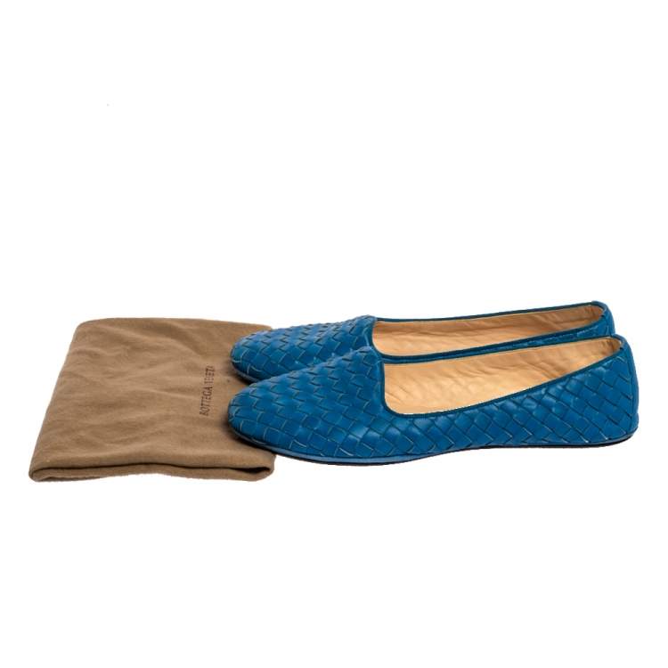 Pre Owned Bottega Veneta Blue Intrecciato Leather Ballet Flats Size 38.5