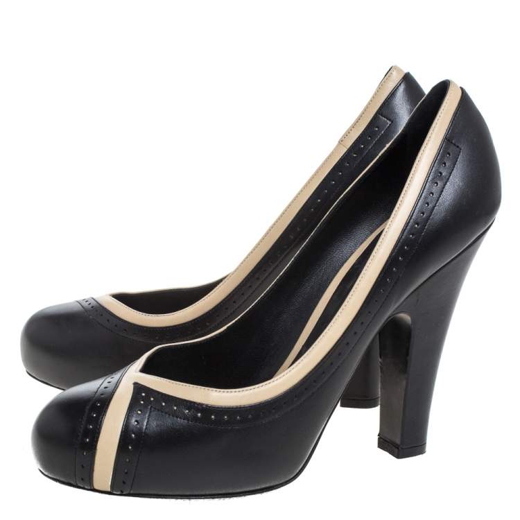 Pre Owned Bottega Veneta Black/Cream Leather Perforated Detail Platform Pumps Size 40