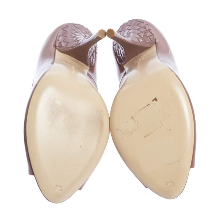 Pre Owned Bottega Veneta Antique Rose Patent Leather Intrecciato Heel Peep Toe Pumps Size 38.5