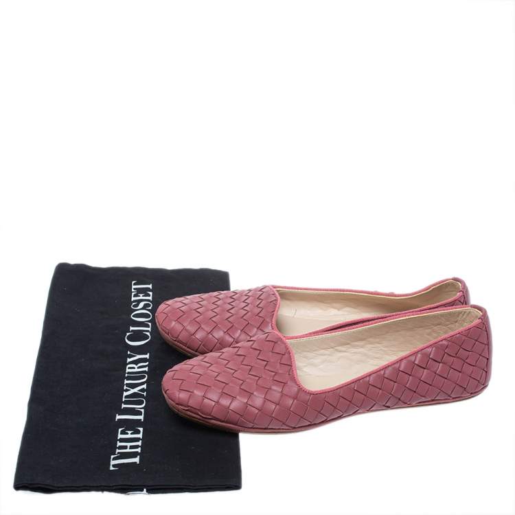 Pre Owned Bottega Veneta Dark Pink Intrecciato Leather Smoking Slippers Size 36