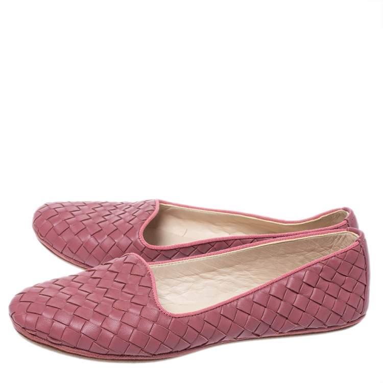 Pre Owned Bottega Veneta Dark Pink Intrecciato Leather Smoking Slippers Size 36