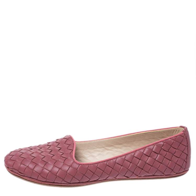 Pre Owned Bottega Veneta Dark Pink Intrecciato Leather Smoking Slippers Size 36