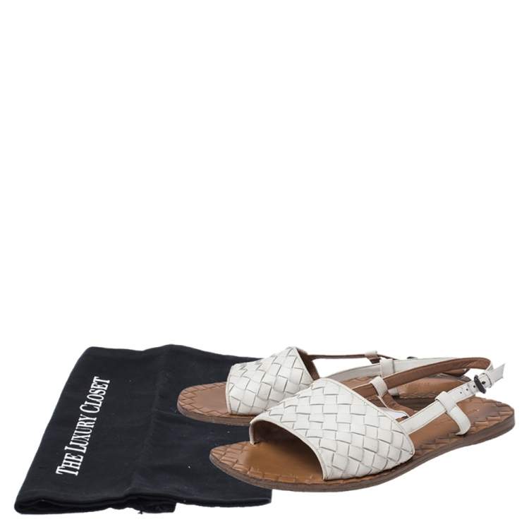 Pre Owned Bottega Veneta White Intrecciato Leather Calvados Slingback Flat Sandals Size 36