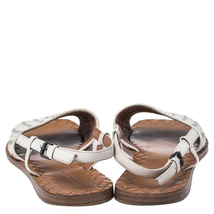 Pre Owned Bottega Veneta White Intrecciato Leather Calvados Slingback Flat Sandals Size 36