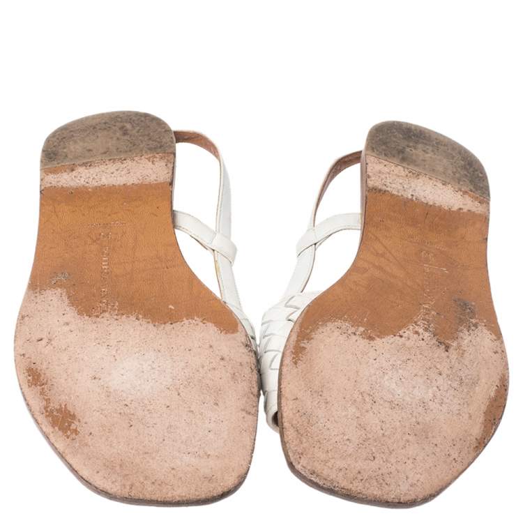 Pre Owned Bottega Veneta White Intrecciato Leather Calvados Slingback Flat Sandals Size 36