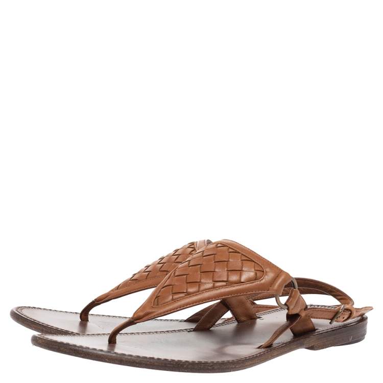 Pre Owned Bottega Veneta Brown Intrecciato Leather Thong Slingback Flat Sandal Size 39