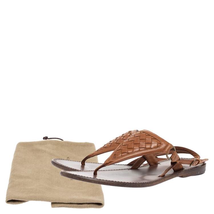 Pre Owned Bottega Veneta Brown Intrecciato Leather Thong Slingback Flat Sandal Size 39