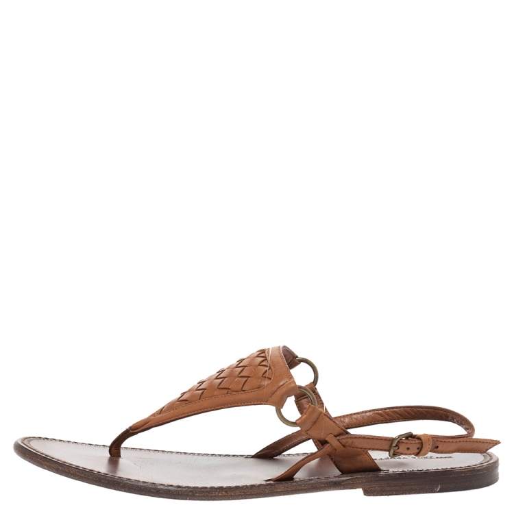 Pre Owned Bottega Veneta Brown Intrecciato Leather Thong Slingback Flat Sandal Size 39