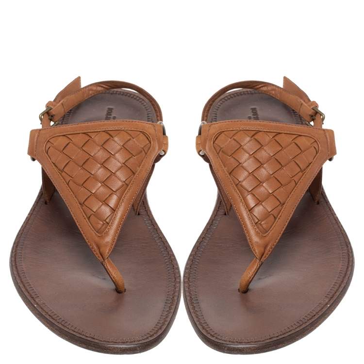 Pre Owned Bottega Veneta Brown Intrecciato Leather Thong Slingback Flat Sandal Size 39