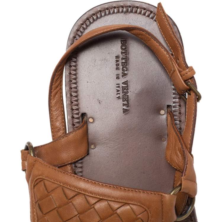Pre Owned Bottega Veneta Brown Intrecciato Leather Thong Slingback Flat Sandal Size 39