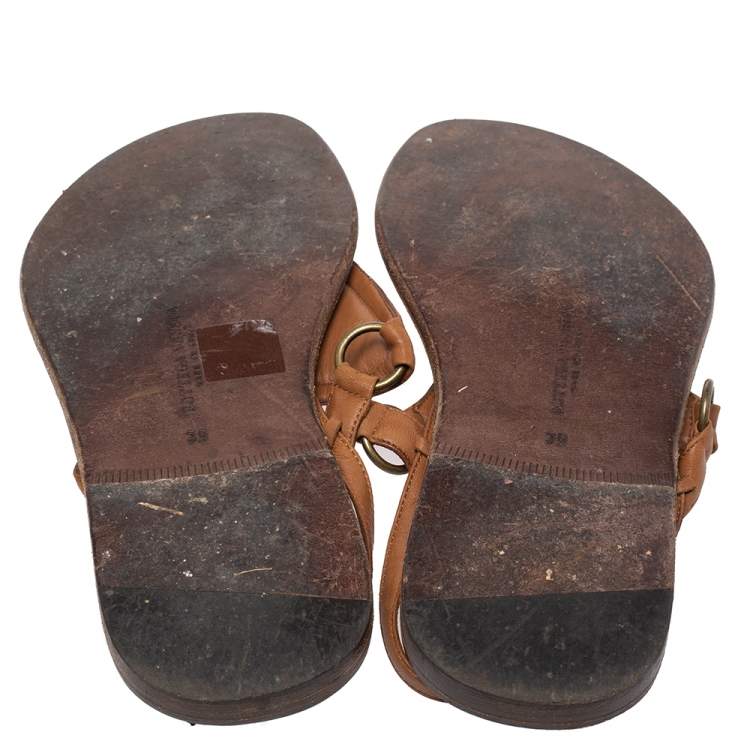 Pre Owned Bottega Veneta Brown Intrecciato Leather Thong Slingback Flat Sandal Size 39