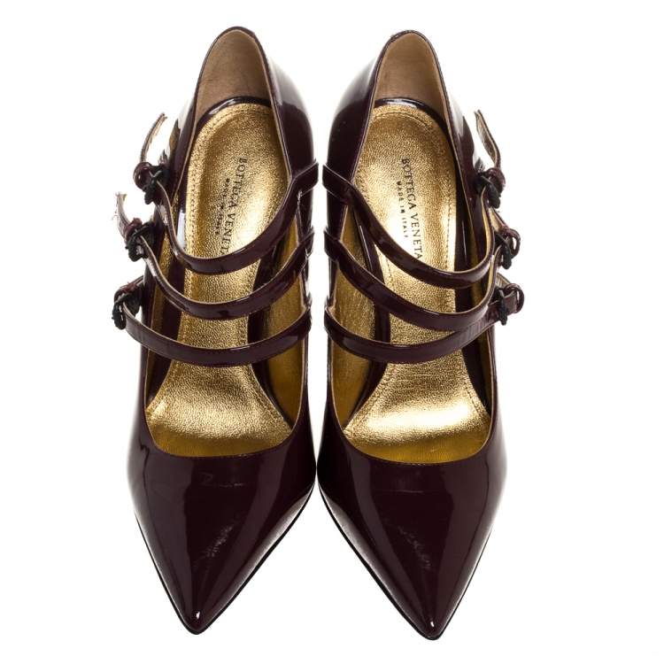 Pre Owned Bottega Veneta Burgundy Patent Leather Mary Jane Strappy Pointed Toe Pumps Size 36