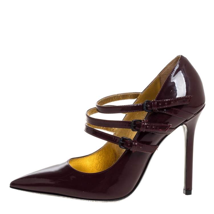 Pre Owned Bottega Veneta Burgundy Patent Leather Mary Jane Strappy Pointed Toe Pumps Size 36