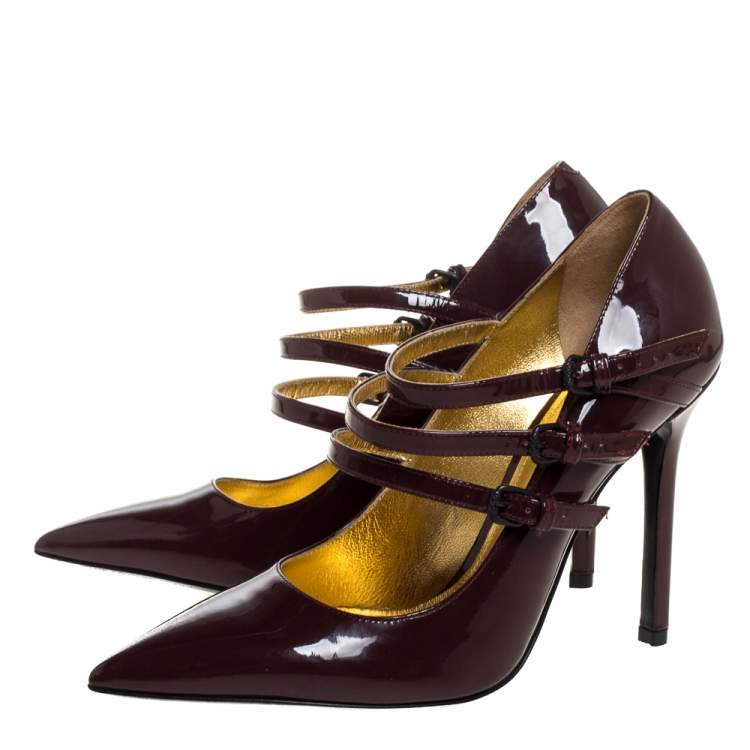 Pre Owned Bottega Veneta Burgundy Patent Leather Mary Jane Strappy Pointed Toe Pumps Size 36