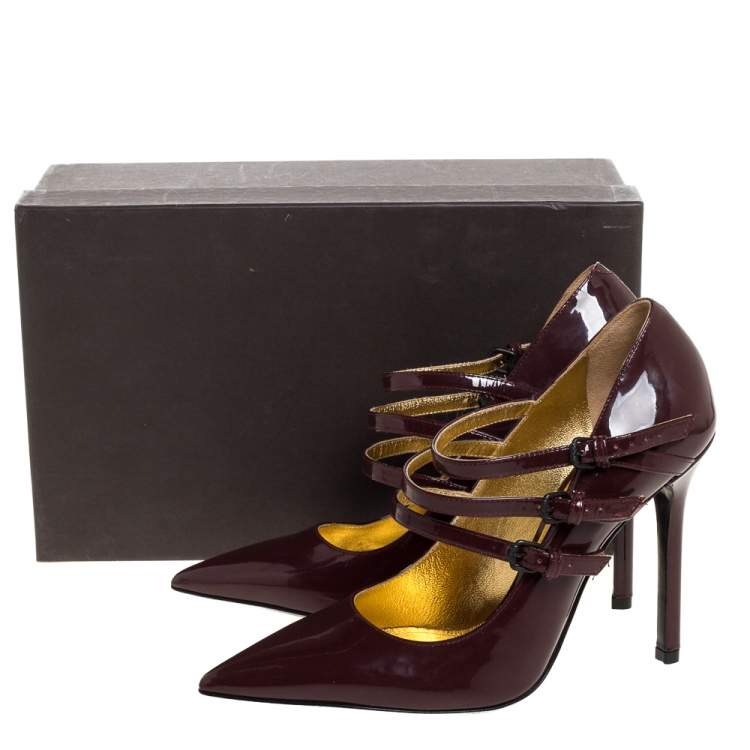Pre Owned Bottega Veneta Burgundy Patent Leather Mary Jane Strappy Pointed Toe Pumps Size 36