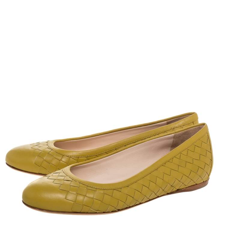 Pre Owned Bottega Veneta Yellow Intrecciato Leather Ballet Flats Size 36.5