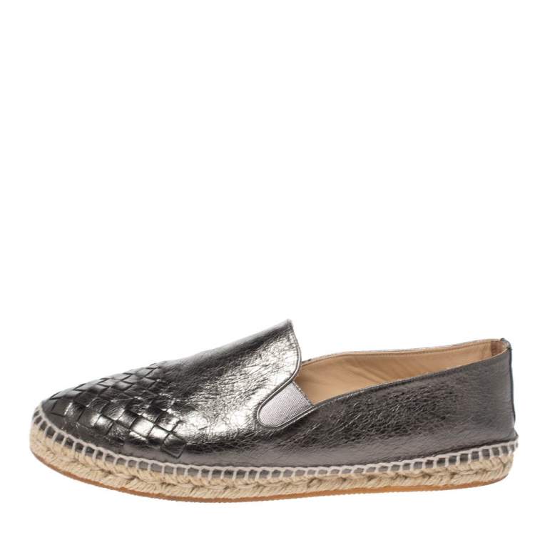 Pre Owned Bottega Veneta Metallic Grey Intrecciato Leather Espadrille Flats Size 38