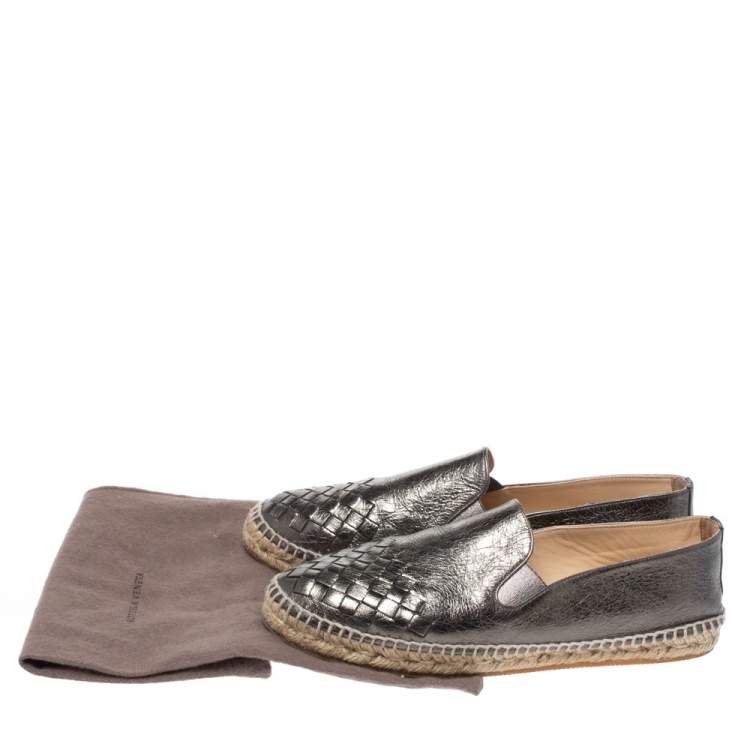 Pre Owned Bottega Veneta Metallic Grey Intrecciato Leather Espadrille Flats Size 38