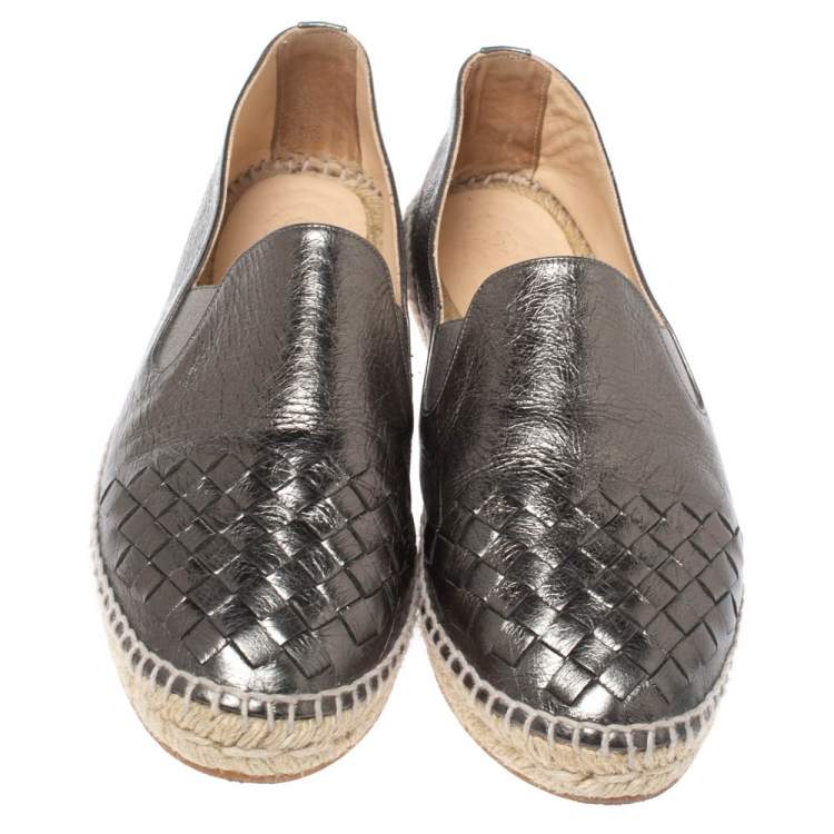 Pre Owned Bottega Veneta Metallic Grey Intrecciato Leather Espadrille Flats Size 38