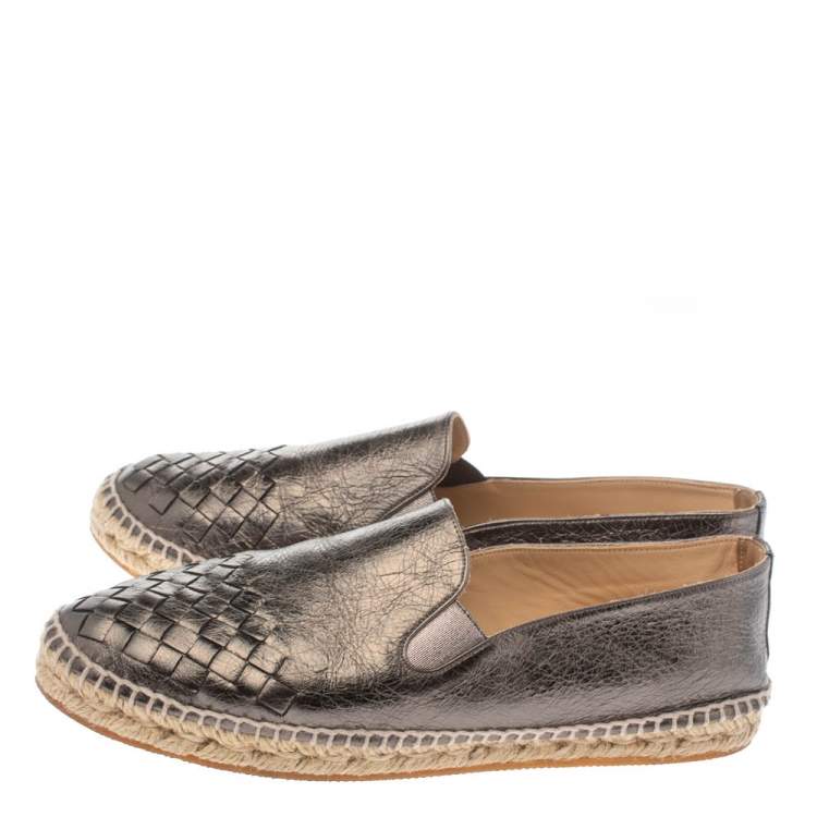 Pre Owned Bottega Veneta Metallic Grey Intrecciato Leather Espadrille Flats Size 38