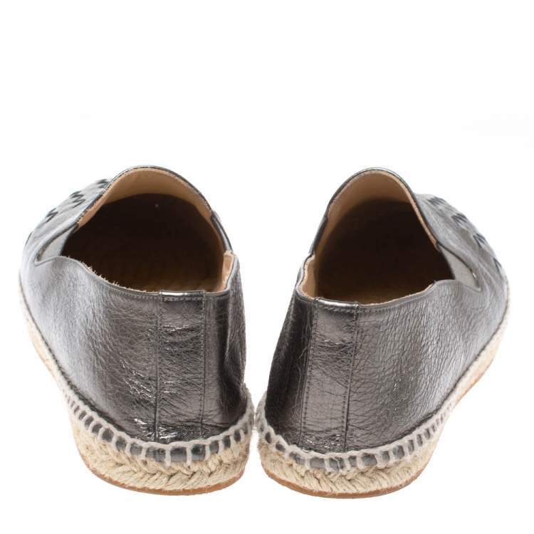 Pre Owned Bottega Veneta Metallic Grey Intrecciato Leather Espadrille Flats Size 38