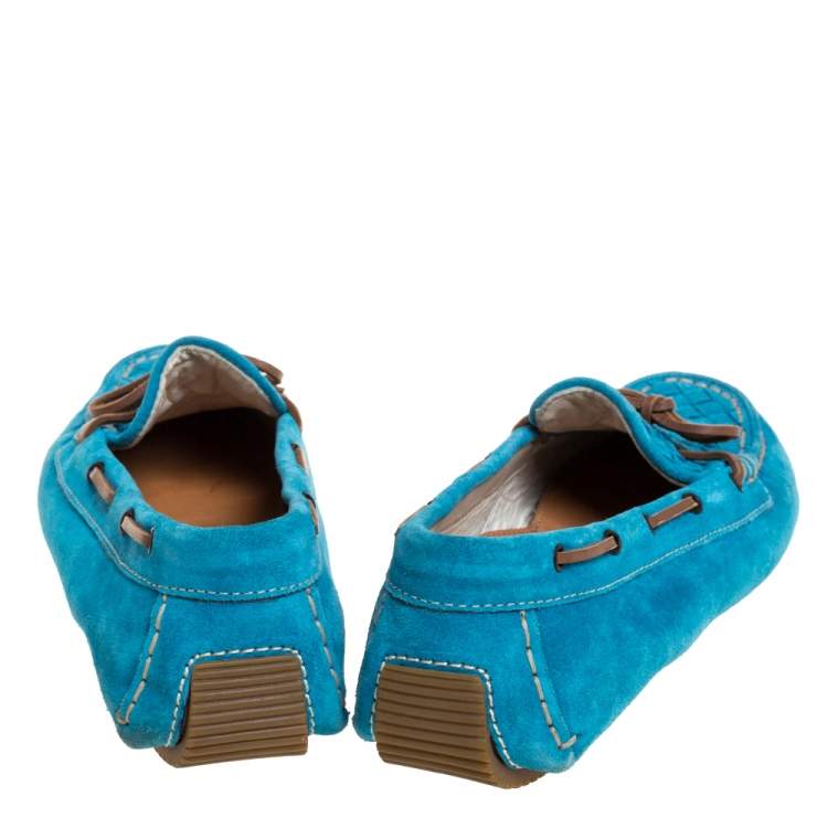 Pre Owned Bottega Veneta Blue Intrecciato Suede Bow Loafers Size 39