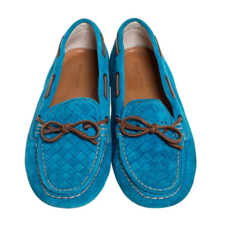 Pre Owned Bottega Veneta Blue Intrecciato Suede Bow Loafers Size 39