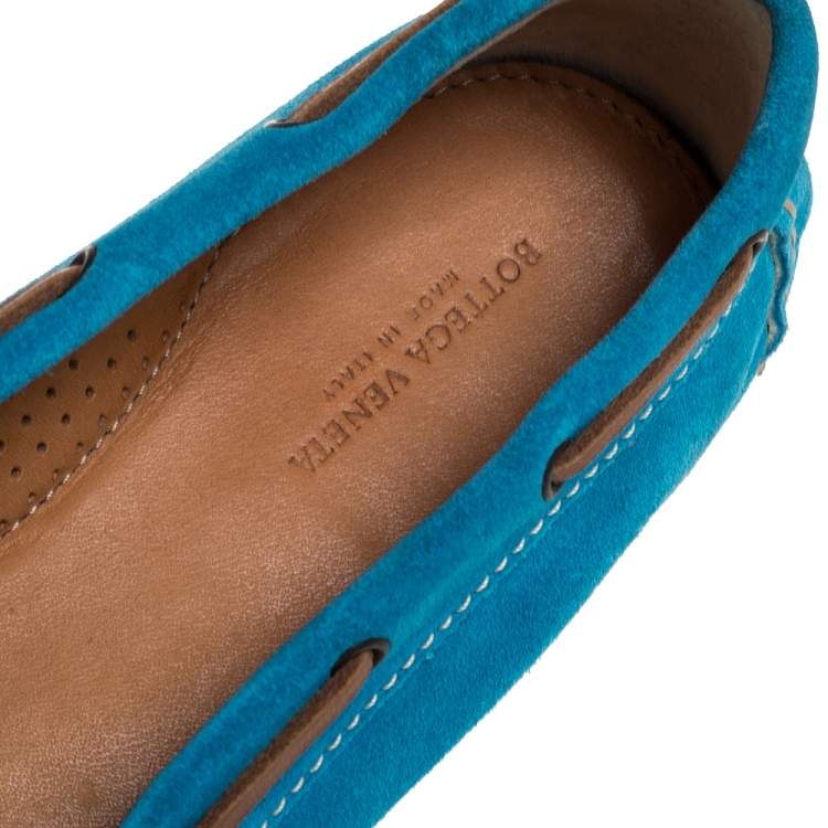 Pre Owned Bottega Veneta Blue Intrecciato Suede Bow Loafers Size 39