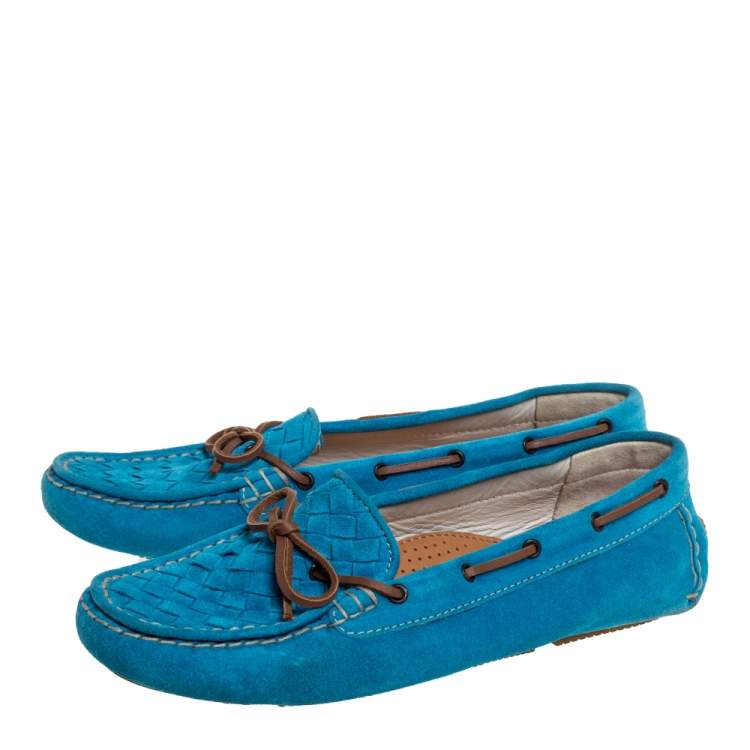 Pre Owned Bottega Veneta Blue Intrecciato Suede Bow Loafers Size 39