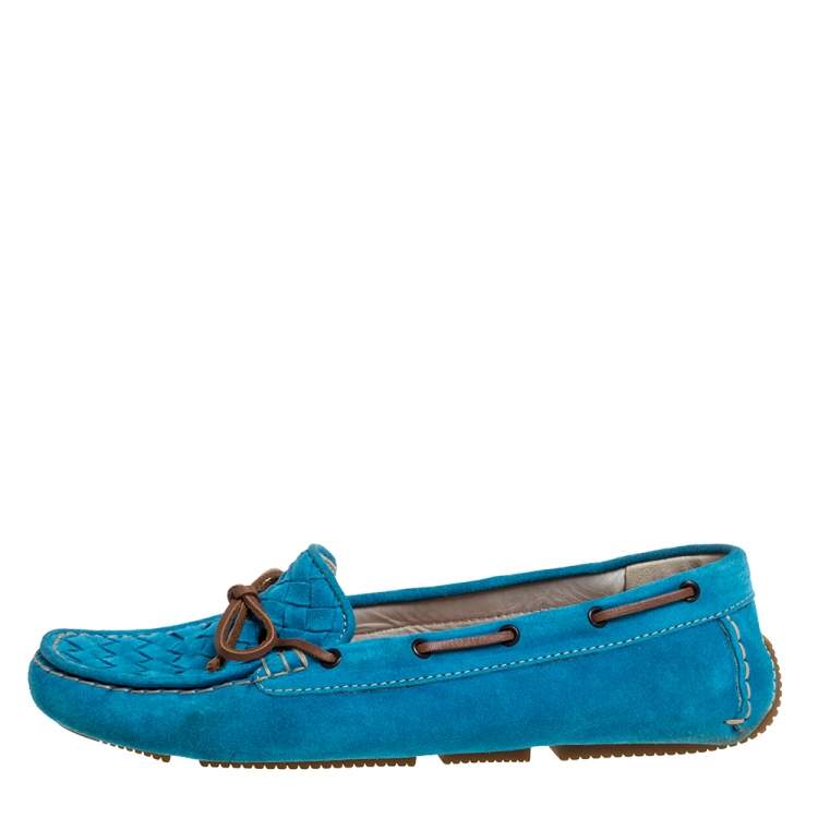 Pre Owned Bottega Veneta Blue Intrecciato Suede Bow Loafers Size 39