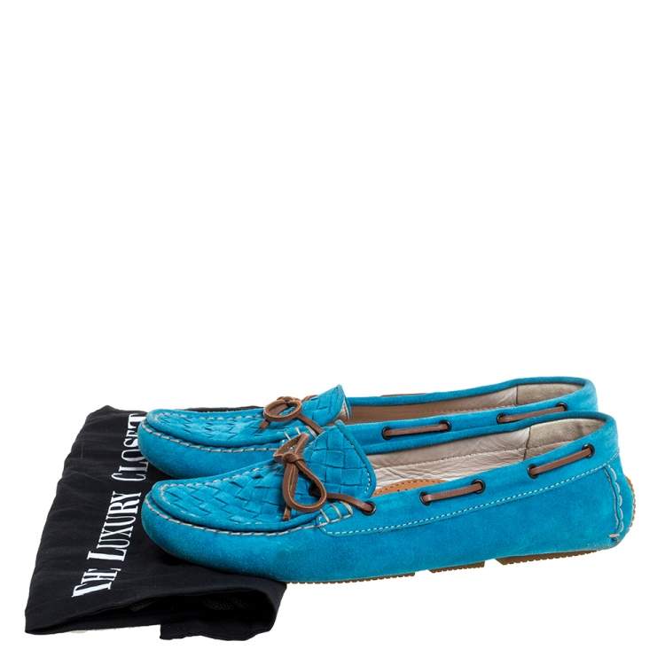 Pre Owned Bottega Veneta Blue Intrecciato Suede Bow Loafers Size 39
