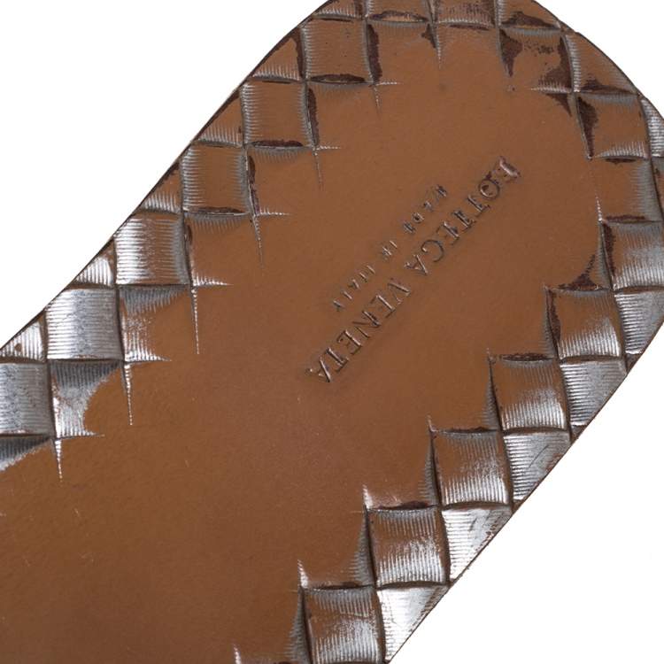 Pre Owned Bottega Veneta Metallic Grey Intrecciato Leather Slide Flats Size 39