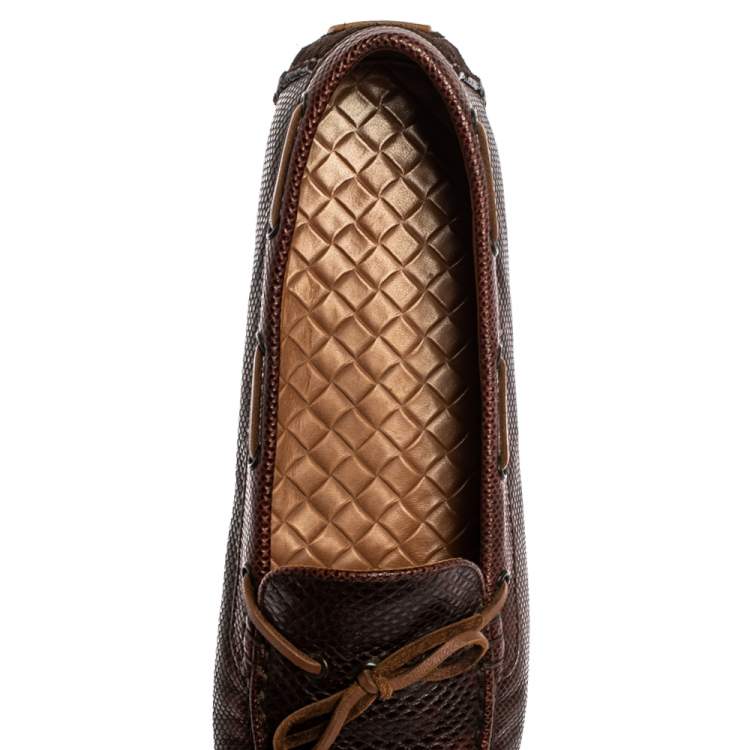 Pre Owned Bottega Veneta Brown Karung Leather Bow Slip On Loafers Size 38